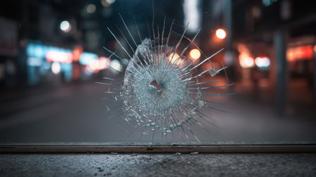 A close-up of a cracked shop window with scattered glass, reflecting the vibrant city lights at night. This image captures urban decay mixed with beauty.の素材