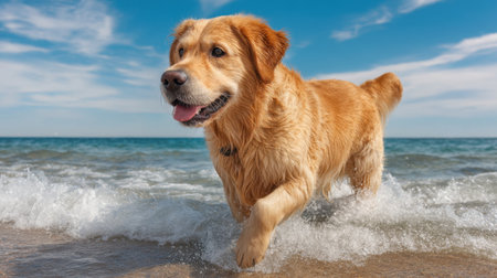 A cheerful retriever joyfully chases waves along a sunlit beach, highlighting the beauty of nature and the joy of outdoor adventures by the ocean.の素材