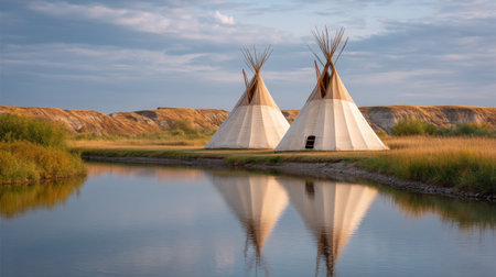Experience the tranquility of a cultural site at dusk, featuring teepees reflected in a calm river, surrounded by beautiful skies and serene landscapes.の素材