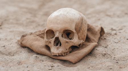 A human skull rests on worn fabric atop sandy ground, creating an eerie atmosphere. This captivating image evokes themes of mystery and exploration in nature.の素材