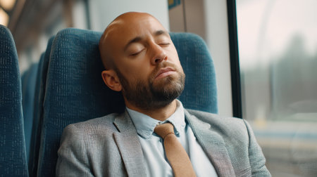 A tranquil scene of an office worker dozing off in a train seat, capturing a moment of rest amidst daily commuting. The peaceful atmosphere enhances relaxation.の素材