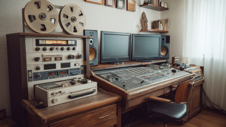Explore a nostalgic vintage recording studio packed with analog equipment, including a reel-to-reel tape machine, mixing console, and modern computer monitors, creating a unique atmosphere.の素材