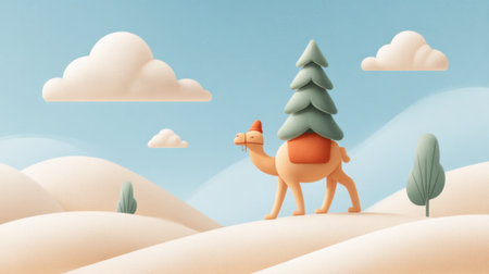 Explore a whimsical landscape where a camel carries a tree against a serene blue sky, creating a charming and imaginative scene perfect for holiday-themed projects.の素材