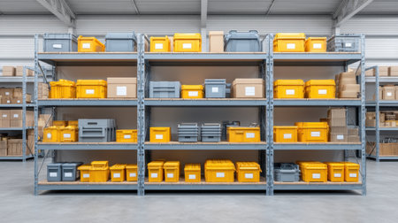 A modern warehouse showcasing an organized storage system, featuring yellow bins and cardboard boxes, ideal for efficient inventory management and logistics operations.の素材