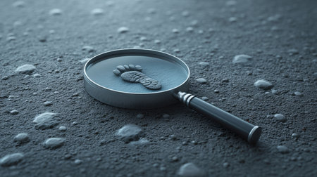 A magnifying glass reveals a footprint on a wet surface, showcasing a scene under the rain. Ideal for themes of investigation, nature, and detail analysis.の素材