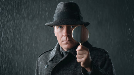 A serious detective inspects evidence under heavy rain using a magnifying lens. The dark atmosphere adds tension to the investigative scene, perfect for mystery themes.の素材