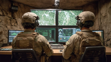 Two military personnel work diligently in a command center, utilizing advanced technology and multiple screens for surveillance and tactical operations in a secure environment.の素材