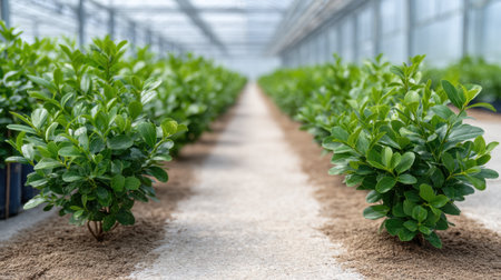 Discover a stunning greenhouse scene showcasing neatly arranged bushes in vibrant rows, illuminated by morning sunlight, perfect for plant enthusiasts and gardening displays.の素材