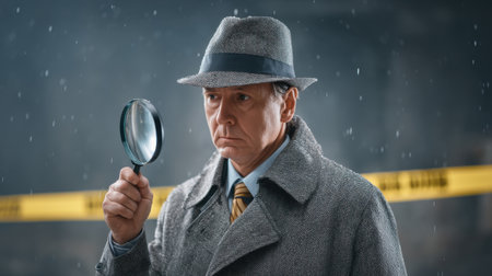 A detective examines a clue with a magnifying glass during a rainy night, creating a suspenseful atmosphere. The serious expression evokes intrigue in a crime scene setting.の素材