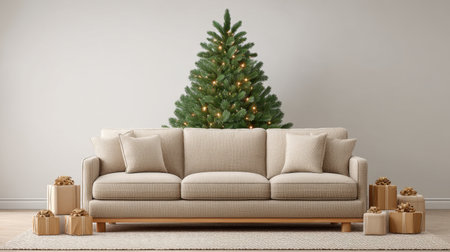 A warm and inviting living room scene featuring a beautifully decorated Christmas tree with twinkling lights, beside a cozy cream sofa and neatly stacked gifts.の素材