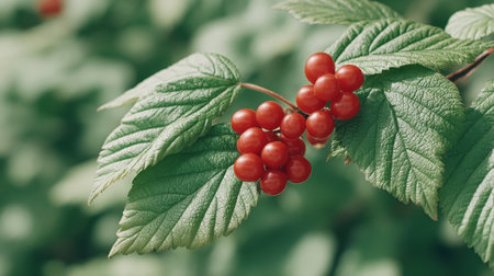 This image showcases lush green leaves adorned with vibrant clusters of red berries, symbolizing nature's beauty and abundance in a serene outdoor setting.の素材