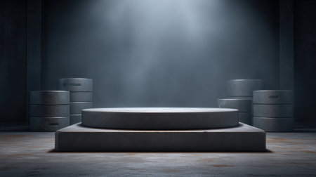 This image features an empty gym stage with a designed podium, surrounded by metal weights and plates in a dimly lit industrial setting, perfect for fitness-related visuals.の素材