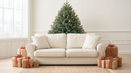 A cozy living room featuring a soft sofa and a bright Christmas tree adorned with ornaments, surrounded by thoughtfully wrapped presents for a festive atmosphere.の素材