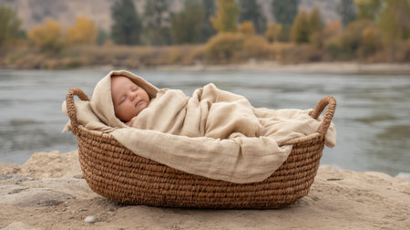This enchanting image features a sleeping baby wrapped in soft linen, nestled in a cozy basket by a tranquil riverbank, surrounded by an autumn landscape, evoking feelings of peace and warmth.の素材