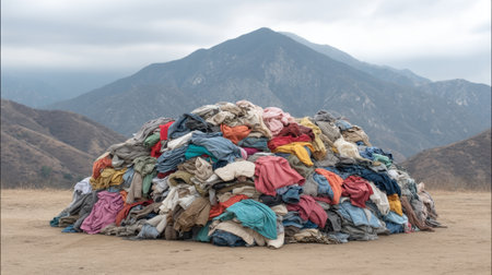 A large pile of various used clothing textiles sits outdoors against a mountainous backdrop, raising awareness about textile waste and its environmental impact.の素材