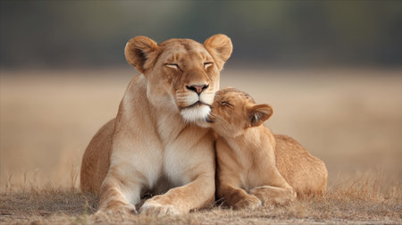 A serene scene unfolds as a lioness rests peacefully with her cub affectionately licking her face, showcasing the tender bond in the wild.の素材