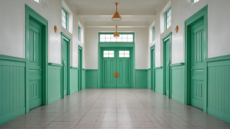 This beautiful hallway features vibrant green painted doors and ample natural light, showcasing modern architectural design and inviting aesthetics. Perfect for interior inspiration.の素材