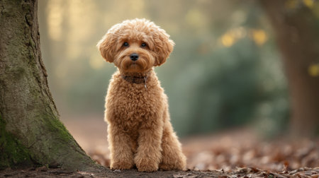 A charming standard poodle sits gracefully by a tree trunk in a bright woodland. Soft light filters through the leaves, highlighting its fluffy coat and playful gaze.の素材