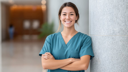 A cheerful healthcare worker in scrubs leaning against a column in a hospital corridor, embodying positivity and commitment to patient care.の素材