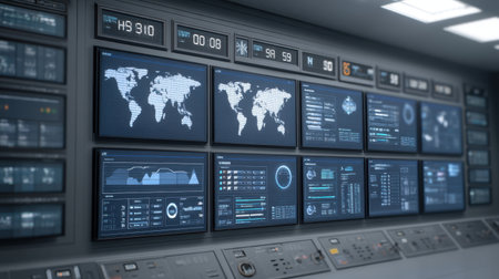 A high-tech command center featuring modern analytics screens that present global data and insights for informed decision-making and enhanced operational efficiency.の素材