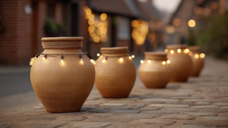 A series of earthenware jars illuminated by soft glowing string lights create a peaceful and cozy outdoor ambiance, perfect for evening gatherings or festive decorations.の素材