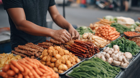 A vibrant market scene with a vendor skillfully arranging fresh food items, showcasing a colorful variety of vegetables, fruits, and snacks in an urban environment.の素材