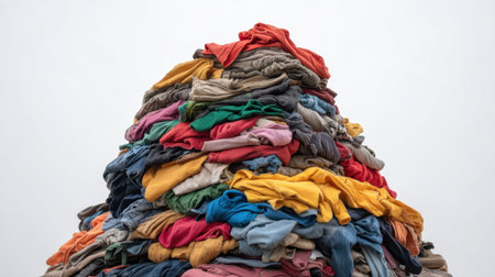 This vibrant image showcases a large pile of discarded clothing in a landfill, emphasizing the growing challenges of waste management and the need for sustainable practices in our society.の素材