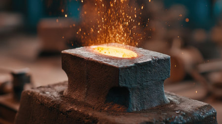 Witness the intense process of forging as molten metal is poured in a blacksmith's workshop, showcasing flying sparks and the artistry of traditional craftsmanship.の素材