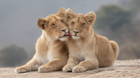 Two adorable lion cubs share a tender moment, licking each other while resting peacefully in their natural habitat. The soft light highlights their playful bond.の素材