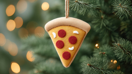 A delightful pizza-shaped ornament hanging on a Christmas tree, featuring vibrant colors and a cozy aesthetic, perfect for adding a playful touch to holiday decorations.の素材