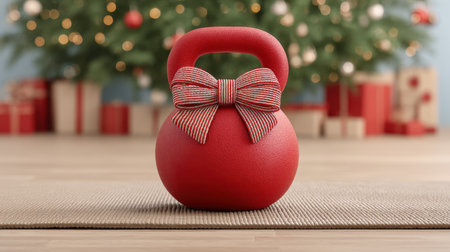 A vibrant red kettlebell adorned with a festive bow sits on a yoga mat, creating a joyful atmosphere in front of a beautifully decorated Christmas tree. Perfect for holiday fitness!の素材