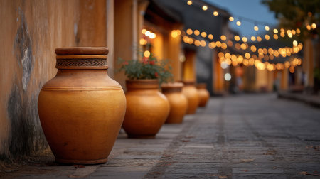 A serene street scene featuring glowing earthenware jars gently illuminated by string lights, creating a warm and inviting ambiance in a charming village at dusk.の素材