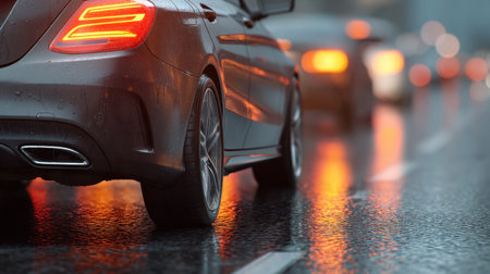This image captures a luxury car in rainy weather, with striking reflections on the wet road and beautiful bokeh from other vehicles, creating a dynamic urban scene.の素材