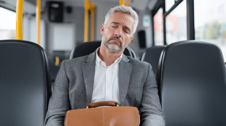 A businessman sits slumped on a bus seat with a briefcase on his lap, embodying the tiredness of daily commutes in an urban environment, lost in thought.の素材