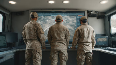 A group of soldiers in military uniforms is standing in a mobile command center, analyzing a large tactical map display for strategic planning and decision making.の素材