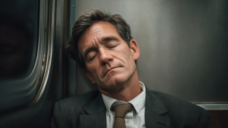 A serene moment captured in a subway car, showcasing a tired individual resting their head against the window, embodying exhaustion and tranquility in urban life.の素材