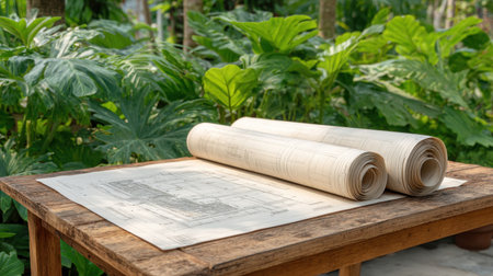 A detailed view of architectural blueprints lies on a wooden table, illustrating creativity and planning within a vibrant green outdoor setting. The lush foliage enhances the scene.の素材