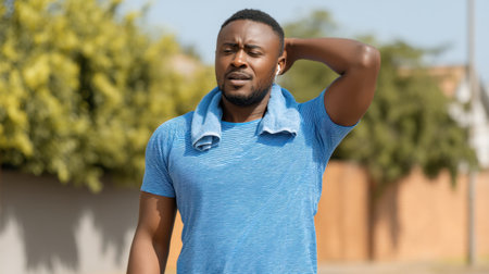 A young man pauses during his outdoor workout, showing signs of dizziness and fatigue as he wipes sweat from his forehead on a hot sunny day.の素材