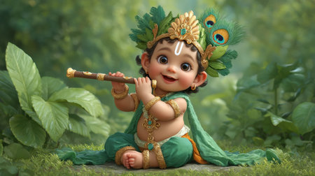A delightful image of a baby Krishna cheerful and playful, adorned in vibrant attire, holding a flute while sitting amidst lush greenery, radiating joy and innocence.の素材