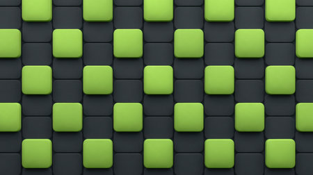 Explore a vibrant abstract 3D pattern featuring green blocks arranged in a grid over a dark mat. Ideal for use in modern design, backgrounds, and artistic projects.の素材