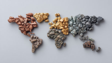 This artistic map of the world, crafted from an array of colorful mineral stones, highlights the natural beauty and variety of geological elements in a modern design.の素材