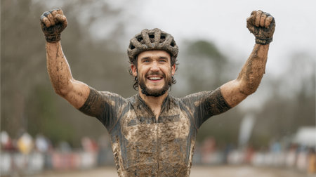 An ecstatic cyclist celebrates crossing the finish line of a challenging muddy race, covered in mud and beaming with joy. Perfect for sports and adventure themes.の素材