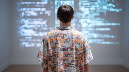 A young adult stands in a contemporary gallery, captivated by dynamic digital projections. This modern art installation invites reflection on technology's influence on society.の素材