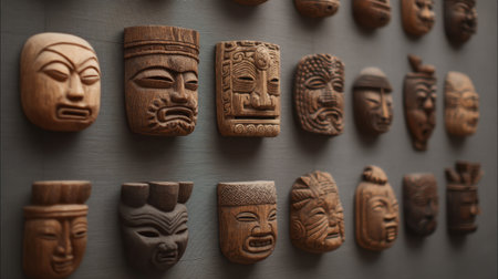 Discover a stunning display of intricately carved wooden masks, showcasing rich cultural heritage with intricate designs and details on a neutral backdrop.の素材