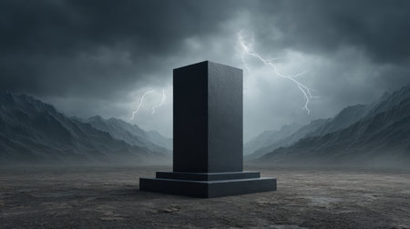 A dramatic stormy landscape featuring a monumental podium illuminated by lightning bolts against a dark, foreboding sky, evoking a sense of intensity and power.の素材