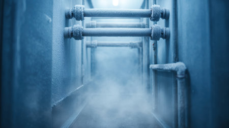 A stunning capture of frosty pipes in an industrial freezer, showcasing condensation and steam, creating a chilling atmosphere ideal for cold storage environments.の素材