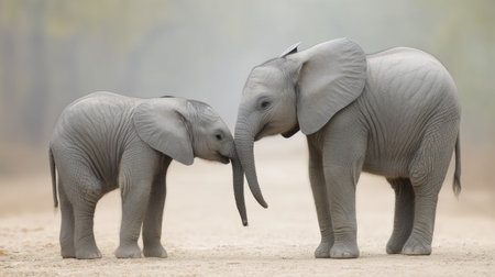 A touching scene of a mother elephant and her baby gently touching trunks in a peaceful natural setting, highlighting their strong bond and affection.の素材