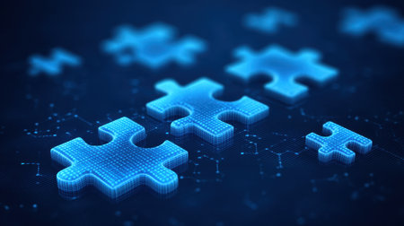 Vibrant blue puzzle pieces on a dark background create a striking visual, representing concepts of technology, problem-solving, and digital interconnectedness in innovation.の素材