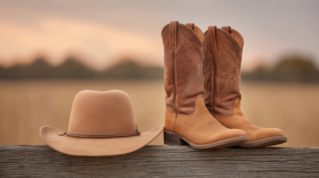 A captivating sunset scene showcasing cowboy boots and a stylish hat resting on a rustic fence line, evoking feelings of nostalgia and the beauty of rural life in the golden hour.の素材