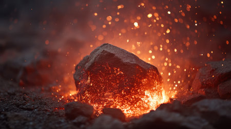 A close-up view of molten metal in a forge, glowing passionately in shades of red and orange, with sparkling particles illuminating the rugged rock, symbolizing energy and transformation.の素材